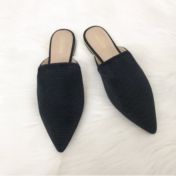 Aldo Shoes - {Aldo} Black Velvet Croc Pattern Flat Mules